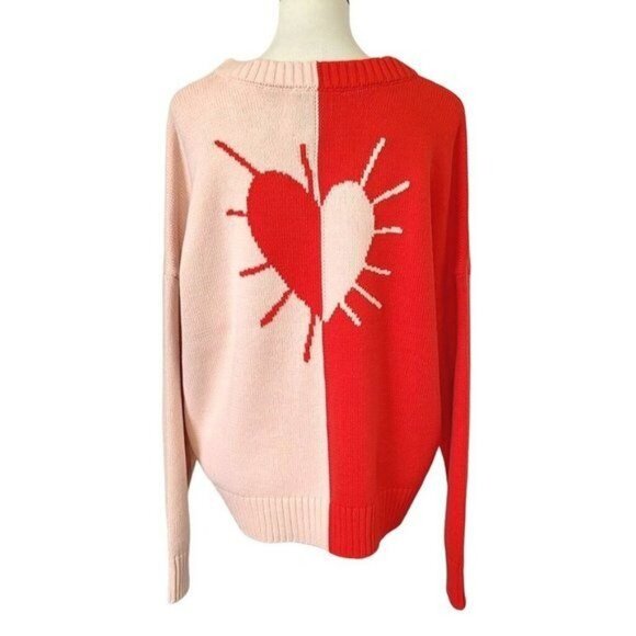 Kerri Rosenthal Sweater M Heart Colorblock V-Neck Knit Red Pink - Picture 2 of 15